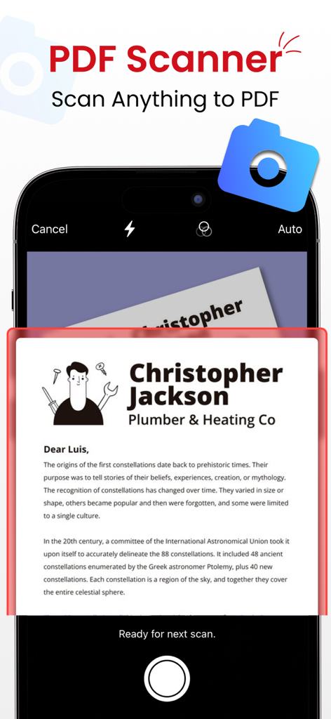 Schermata di un'app per iPhone che mostra la funzionalità di scannerizzazione documenti mentre cattura una lettera stampata da convertire in PDF