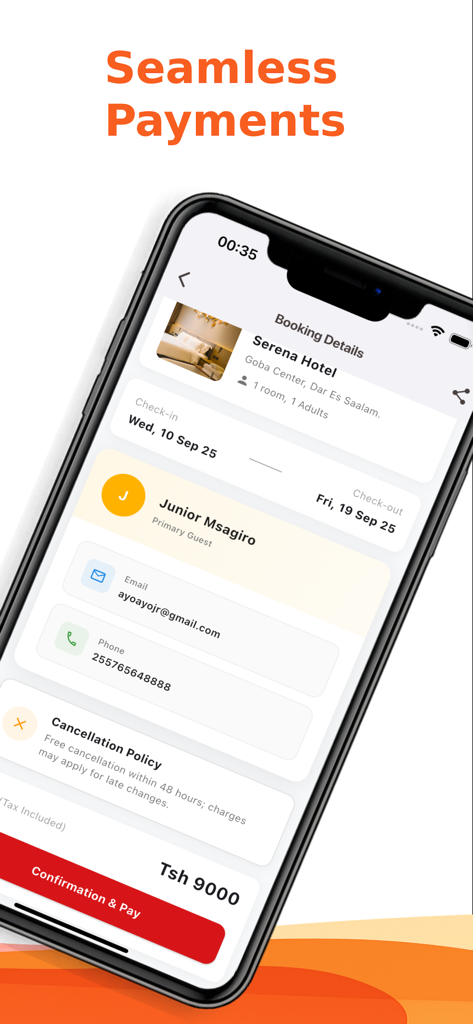 タンザニアのダルエスサラームのホテルの予約確認画面、テンポ・アフリカアプリ