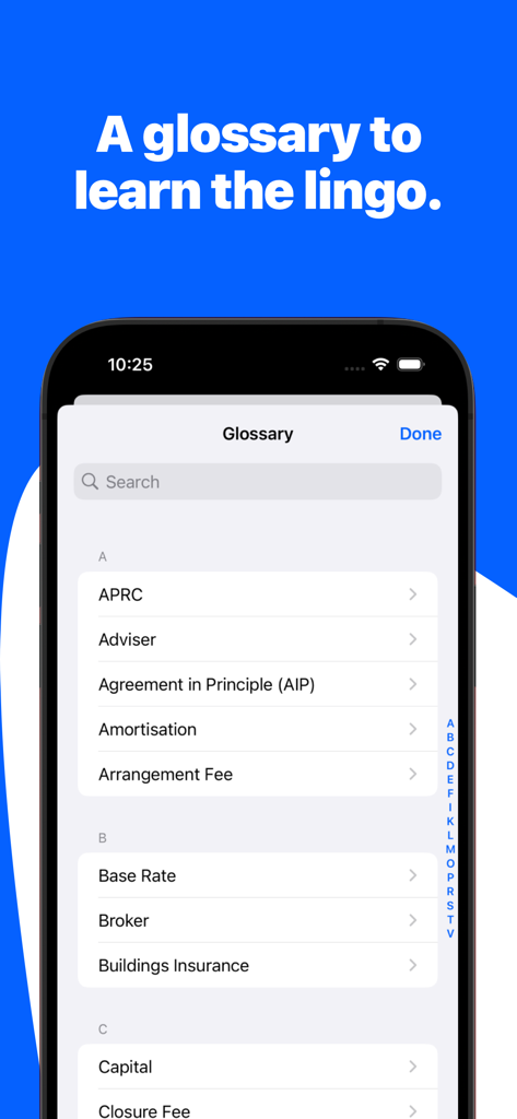 Mortgage Calculator: Mortgages - A mortgage glossary screen listing financial terms like APRC and Amortisation within the app