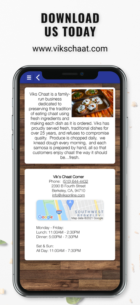 Viks Chaat - Screenshot of the Viks Chaat app showing restaurant information, contact details, and location map in Berkeley.