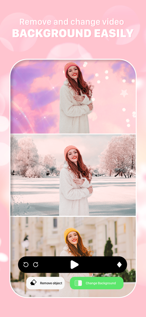 Magic Eraser -Remove Any Thing - Captura de tela do aplicativo Borracha Mágica mostrando uma mulher com três planos de fundo de vídeo diferentes, incluindo uma paisagem nevada e um céu roxo.