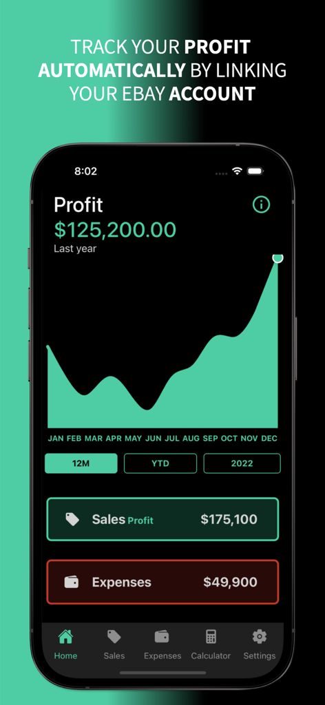 eProfit app dashboard showing an annual profit graph with sales and expenses data for eBay resellers.