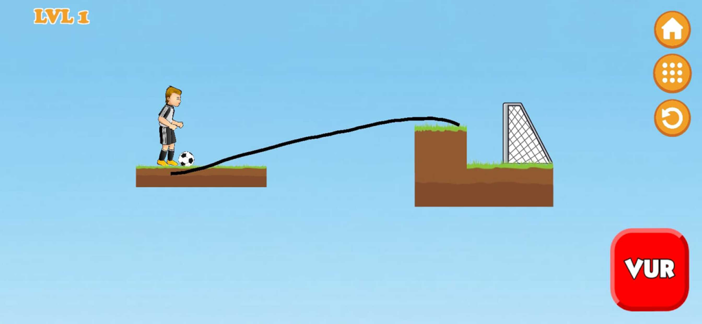 Soccer Moccer - A soccer player standing by a ball with a hand-drawn path leading towards a goal in a physics-based mobile game.