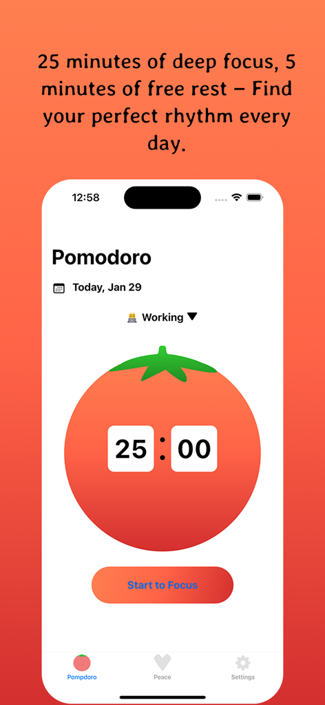 Focus Booster: ADHD Study Tool - A mobile interface for Focus Booster showing a 25 minute Pomodoro countdown timer inside a large tomato illustration