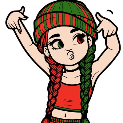 realistic teenage girl with braids and a beanie and crop top doing 🫶🏼