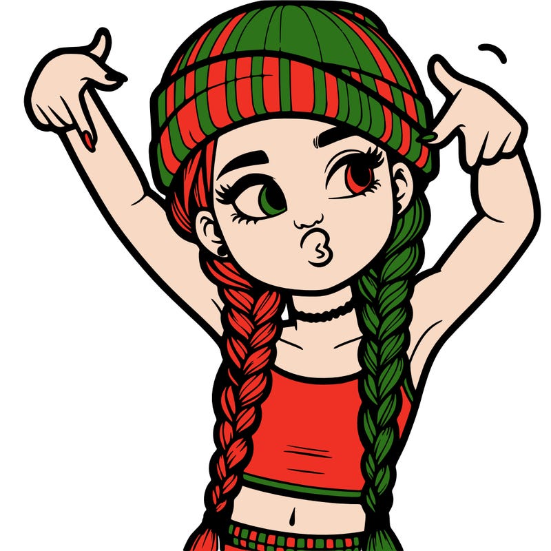 realistic teenage girl with braids and a beanie and crop top doing 🫶🏼