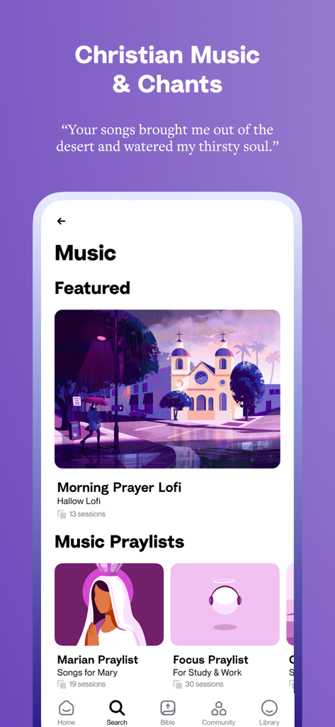 Interfaccia dell'app Hallow che mostra canti di musica cristiana e playlist di preghiere curate