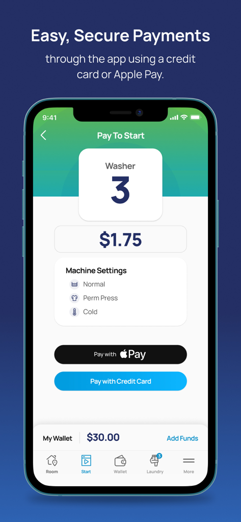 CSC GO - CSC GO 앱 화면에서 Apple Pay 및 신용카드를 포함한 세탁기 세탁 주기 모바일 결제 옵션 표시