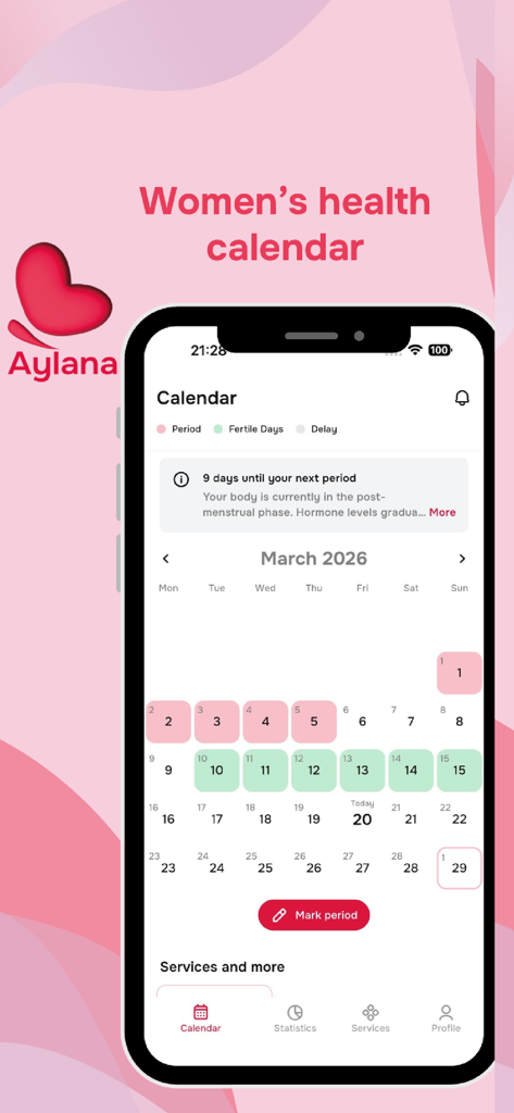 Period tracker: Aylana - Aylana period tracker app showing a monthly calendar with period and fertile days