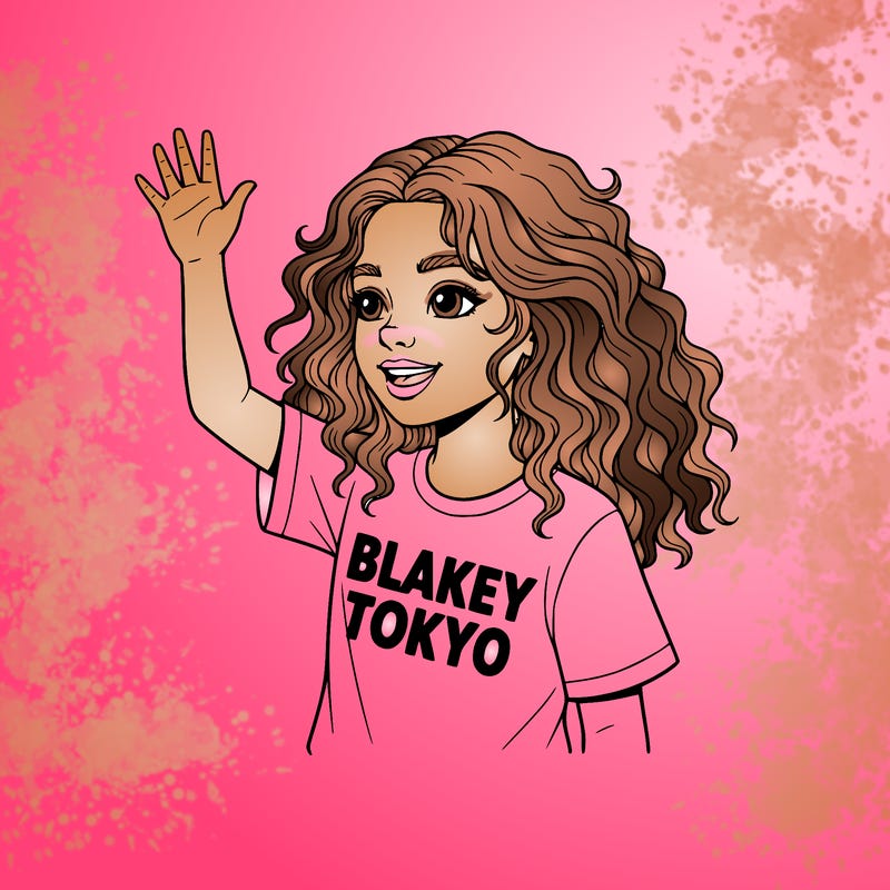 can you make a pretty girl with curly wavy hair? that has a t-shirt that says blakey tokyo and she is waving and she’s really cute.