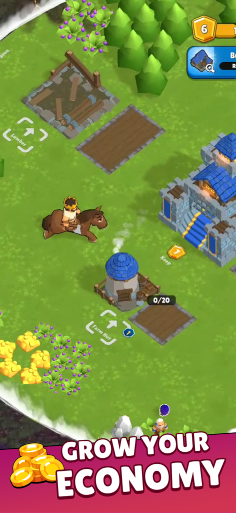 Kingland - Castle Adventure - 킹글랜드 성의 모험에서 말 위에 올라 성과 자원 건물을 관리하는 왕