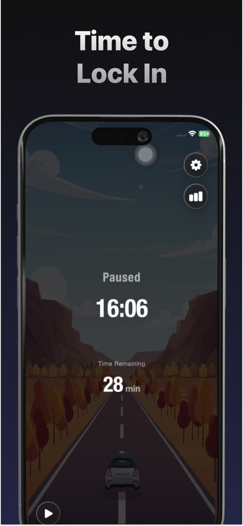 Focus Ride - Deepfocus Timer - Focus Ride app interface showing a focus session timer with a car driving animation and Time to Lock In text