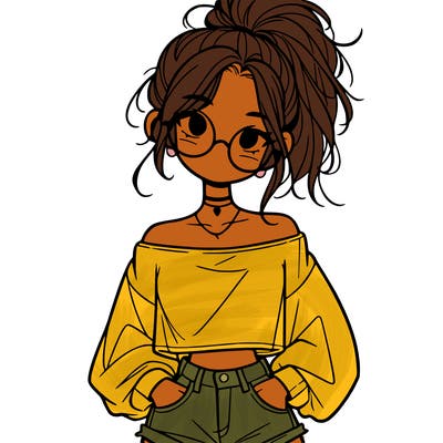 girl with a messy ponytail glasses a baggy crop top and jean shorts