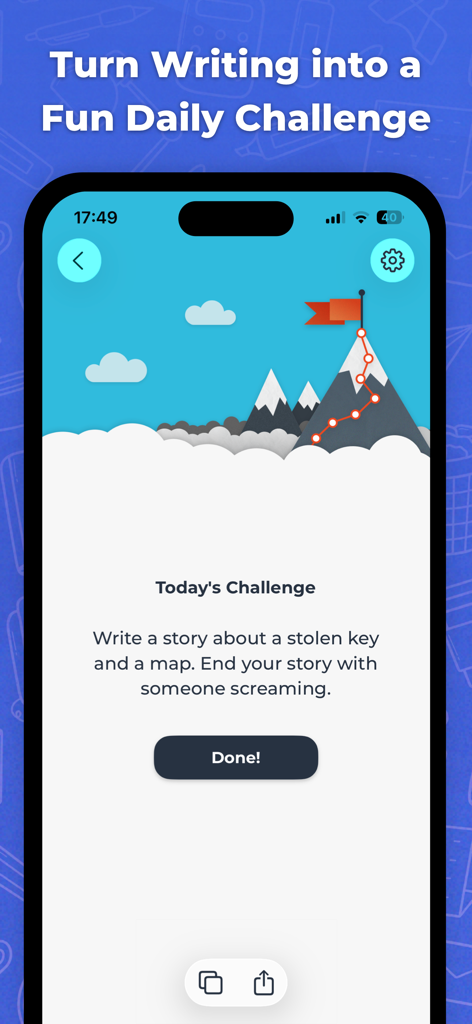 Writing Challenge - Spunto giornaliero di scrittura su un'interfaccia di app mobile con un'illustrazione di montagna e una sfida di storia su una chiave e una mappa rubate.
