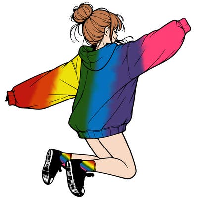 realistic girl jumping with a bun and oversized sweatshirt