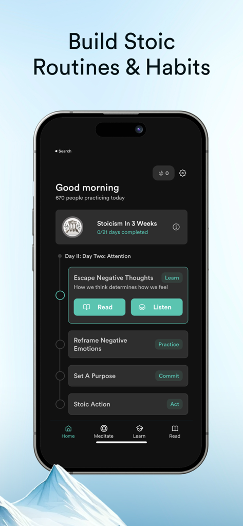Stoa app home screen showing a daily Stoic routine with meditations and lessons for self-improvement