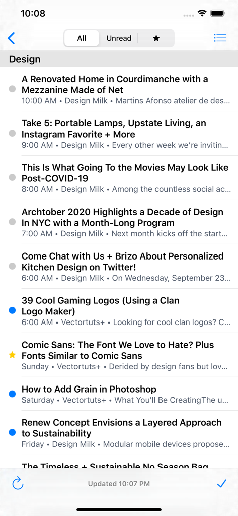 Feeddler RSS News Reader interface showing a curated list of design articles with unread indicators and sync options.