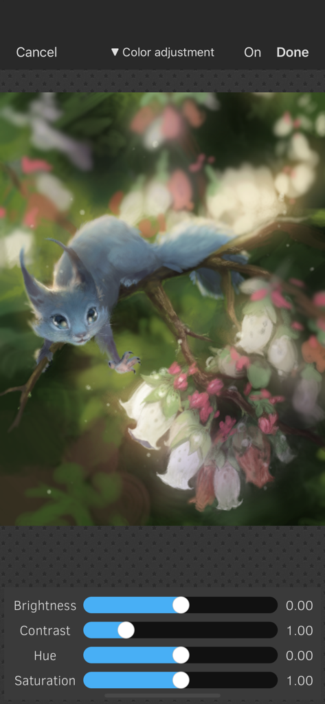 Sketch Club - Color adjustment interface in Sketch Club showing brightness contrast hue and saturation sliders over a digital painting of a blue creature