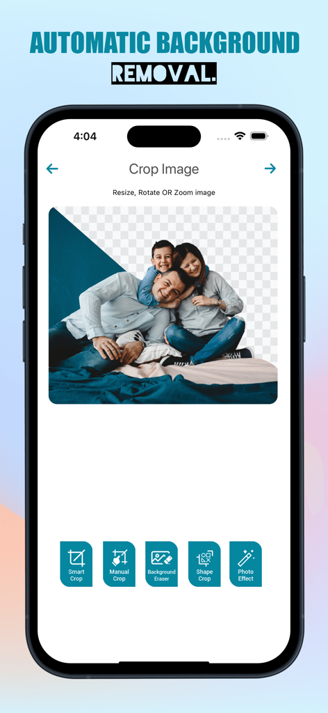 Mobile app interface showing the automatic background removal tool with a family photo being edited into a sticker.