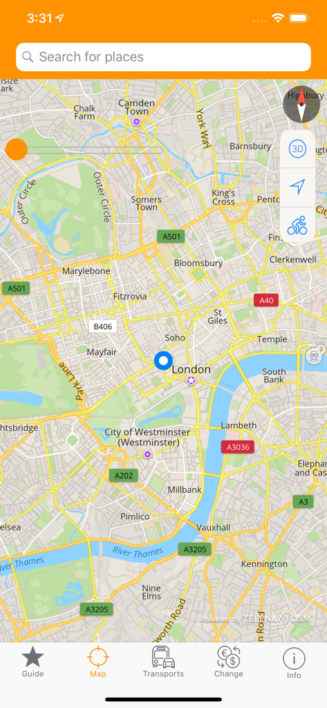 London Map and Travel Guide - 런던 지도 및 여행 가이드 모바일 앱 인터페이스에 표시된 런던 중심부의 상세 거리 지도