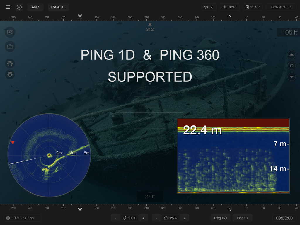 BlueROV Control - Interfaz de la aplicación Control BlueROV mostrando la integración de sónar Ping 1D y Ping 360 sobre un fondo submarino de naufragio