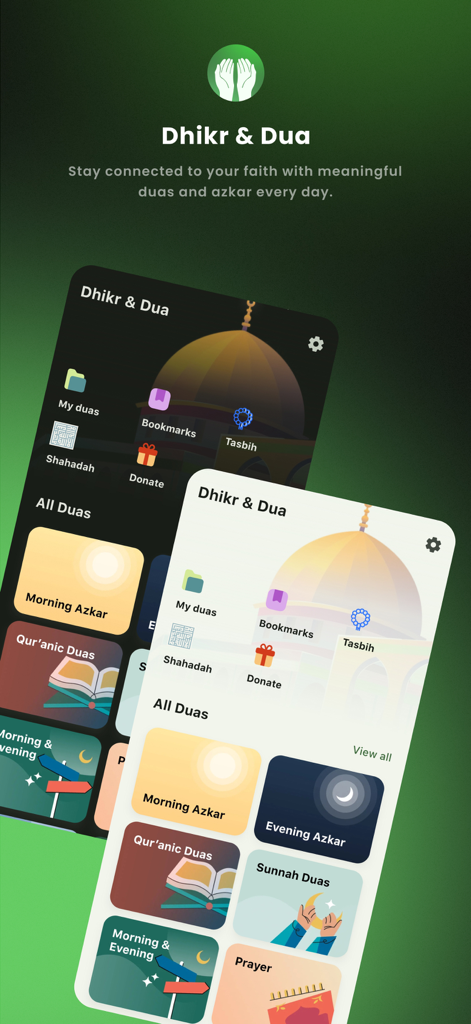 Dhikr and Dua app home screen with light and dark mode prayer categories