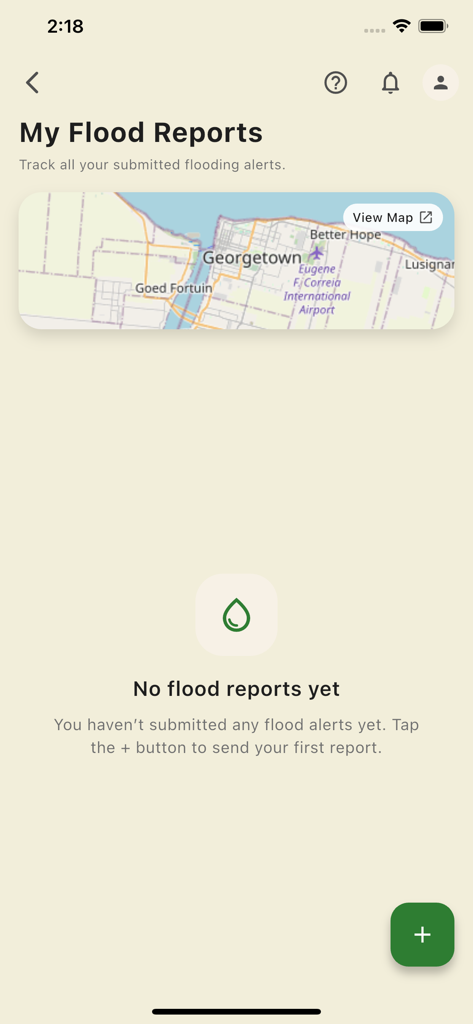 FarmersConnectGY - 지도와 새 경고를 제출하는 버튼을 보여주는 FarmersConnectGY 앱의 홍수 보고서 화면.