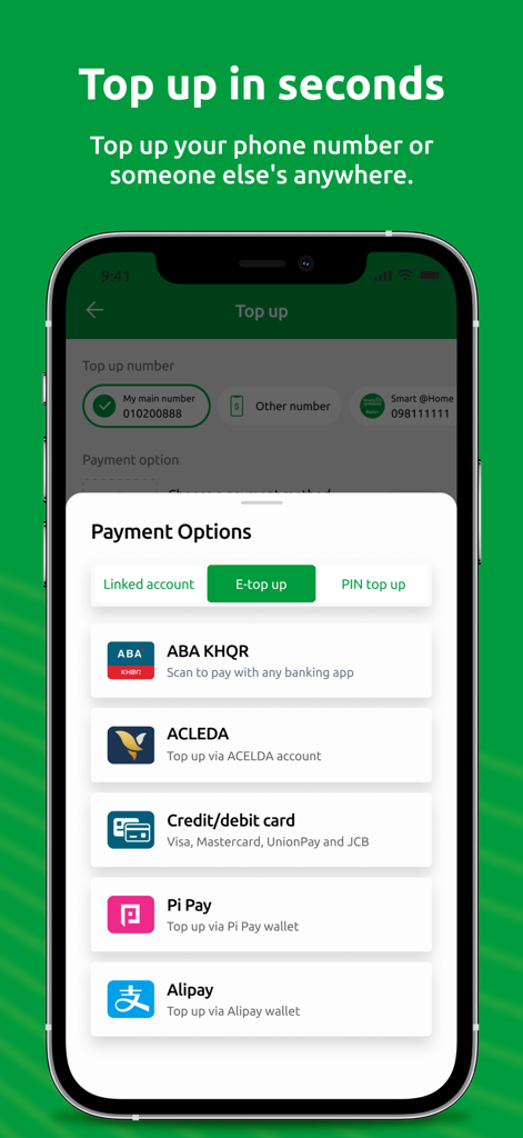 SmartNas - SmartNas app screen displaying various payment methods for mobile phone top up