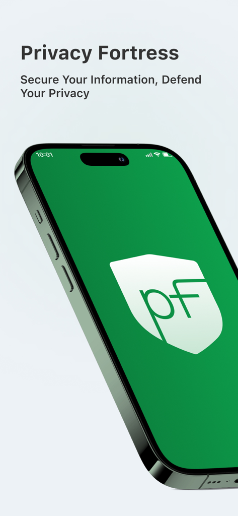Privacy Fortress: Secure, Safe - Privacy Fortress welcome screen on an iPhone featuring the shield logo and privacy slogan