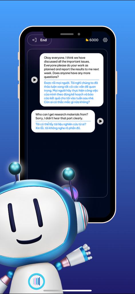 Doctranslate.io - Écran de smartphone montrant un chat de traduction anglais vers vietnamien avec une jolie mascotte robot