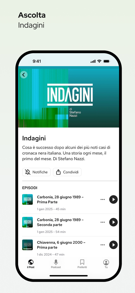 Il Post App - Il Post App Podcast-Bildschirm mit der Serie Indagini und Episodenliste
