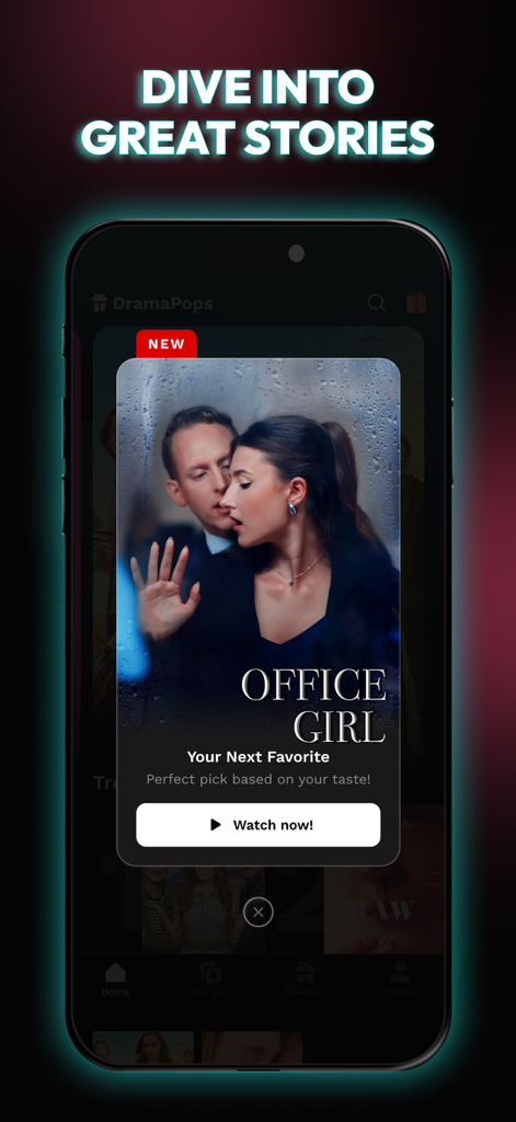 Drama Pops - Reel Shorts TV - Smartphone-Bildschirm, der die Drama Pops App mit einem romantischen Drama mit dem Titel Office Girl zeigt, das dem Benutzer empfohlen wird.