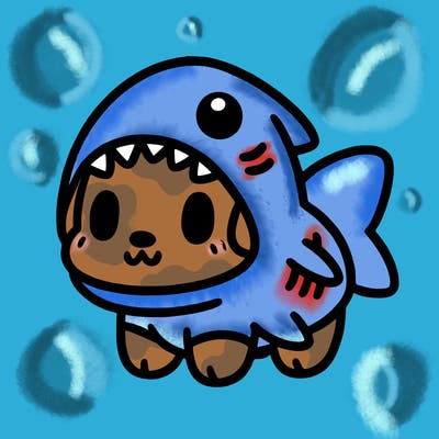 cute dog wearing a shark costume