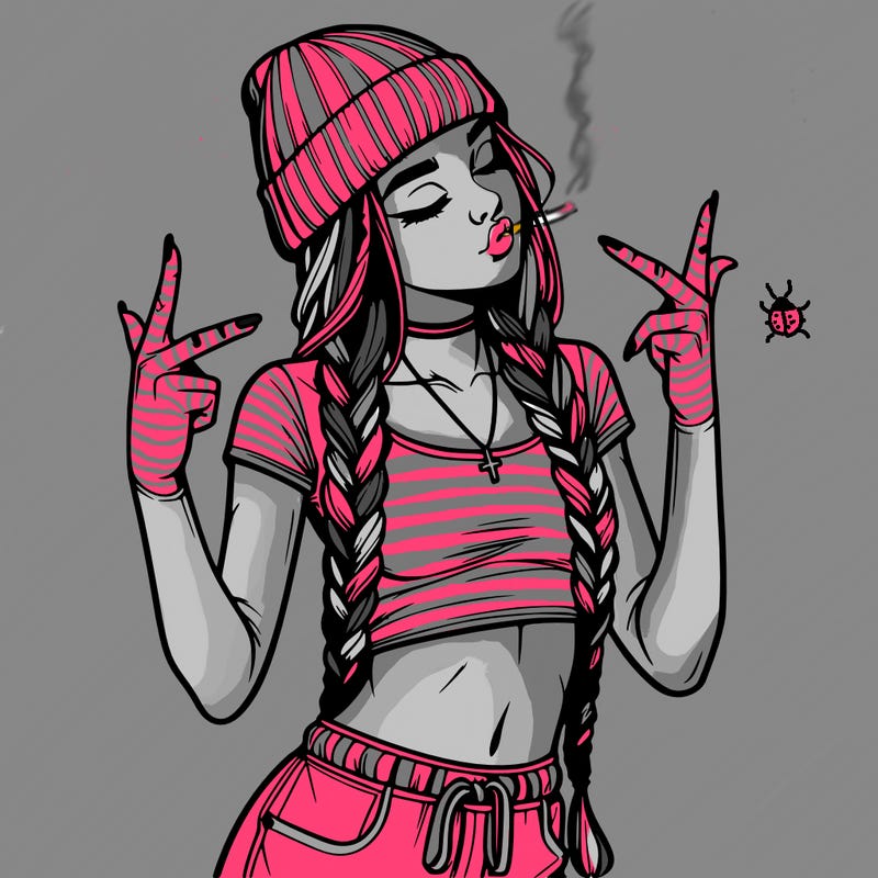 realistic teenage girl with braids and a beanie and crop top doing 🫶🏼