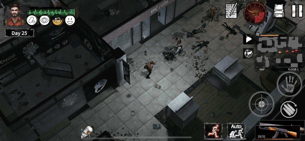 Delivery From the Pain:Survive - Top-down gameplay view of a survivor exploring a dark urban store filled with zombies in Delivery From the Pain Survive.