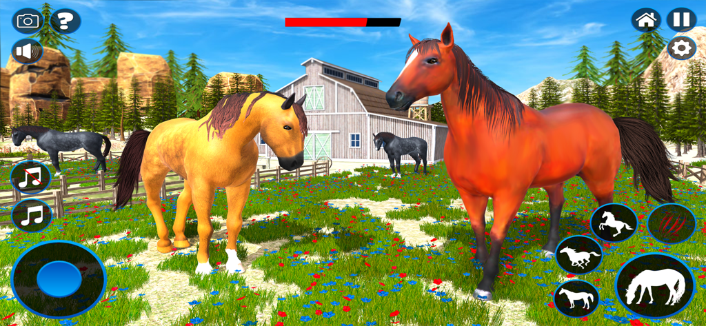 Wild Horse Games Survival Sim - Varios caballos parados en un prado florido cerca de un granero en un juego de simulación de caballos