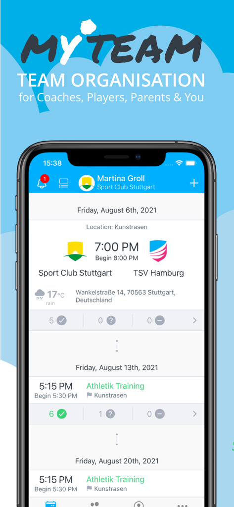 myteam App - Smartphone screen showing the myteam App sports team schedule and attendance tracking