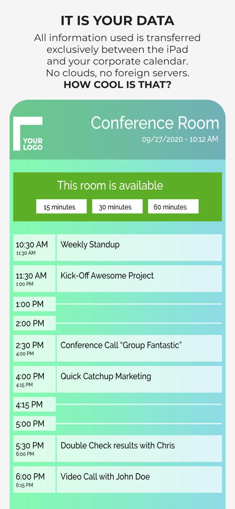 Interface de um aplicativo de agendamento de sala de conferência mostrando uma lista de reuniões diárias e disponibilidade de sala em um iPad.