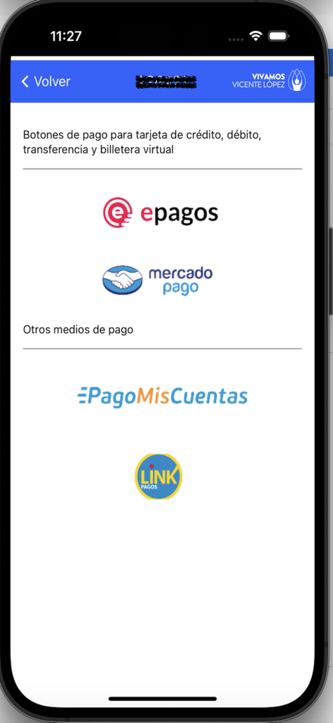Écran des options de paiement dans l'application SAT Movil pour payer les impôts municipaux en ligne