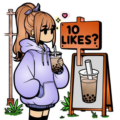 girl with oversized hoodie drinking boba and she has a high ponytail with a sign that says 10likes?