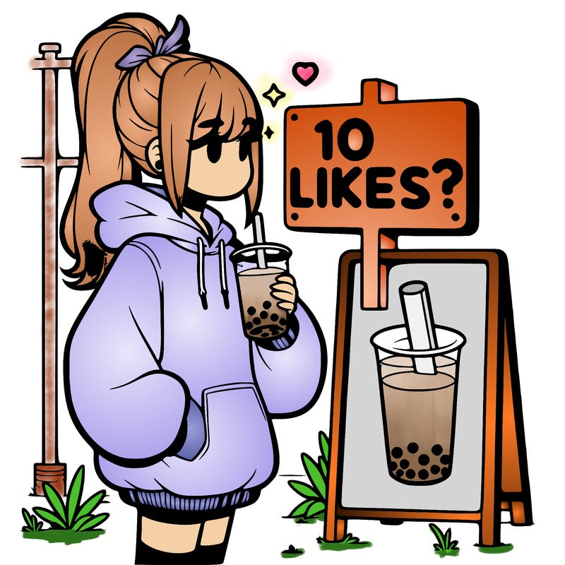 girl with oversized hoodie drinking boba and she has a high ponytail with a sign that says 10likes?