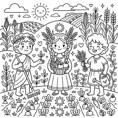 Embark on a delightful farm adventure with our 'Agricultural Deities' coloring page, specially designed for kids aged 4-8. This charming illustration brings ancient harvest gods and goddesses to life amidst fields of vibrant crops, inviting young artists to fill their world with color.