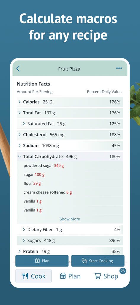 Plan to Eat app interface showing detailed nutrition facts and macro calculations for a fruit pizza recipe.