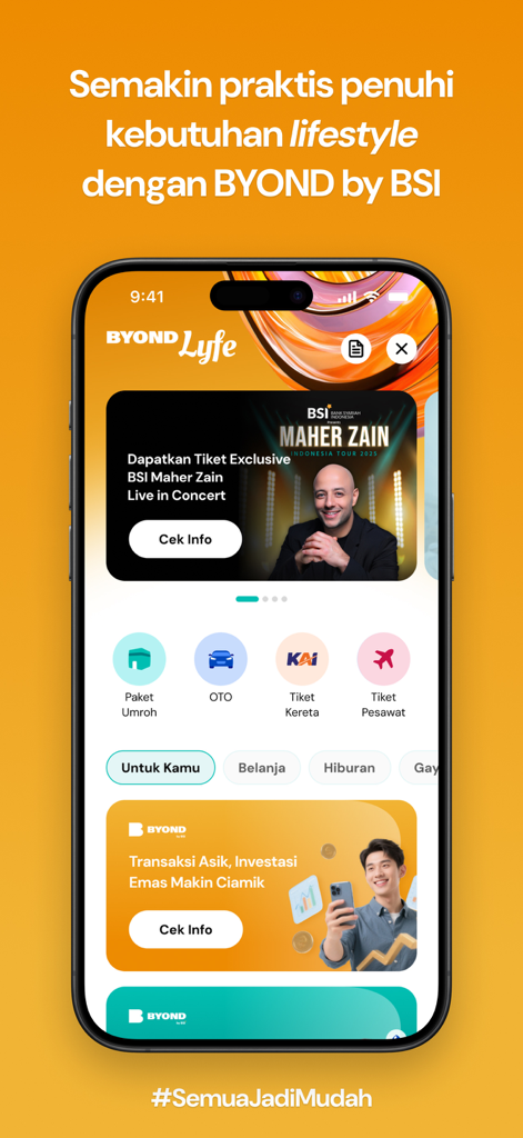 BYOND by BSI mobile app lifestyle interface showing travel packages, concert tickets, and gold investment options