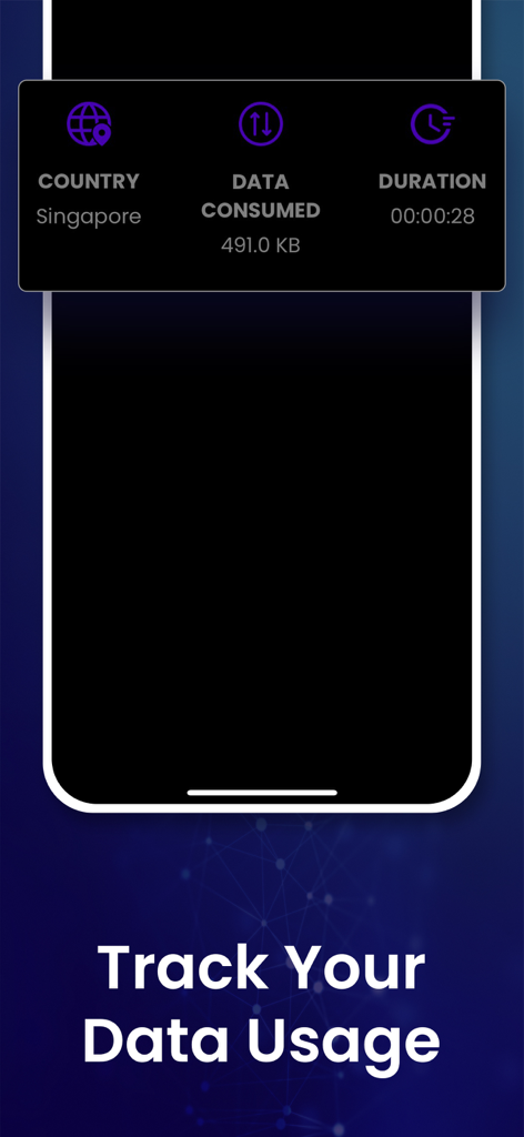 Fire VPN: Fast, Safe, Private - A screen in the Fire VPN app showing data consumption, connection duration, and the server country location.