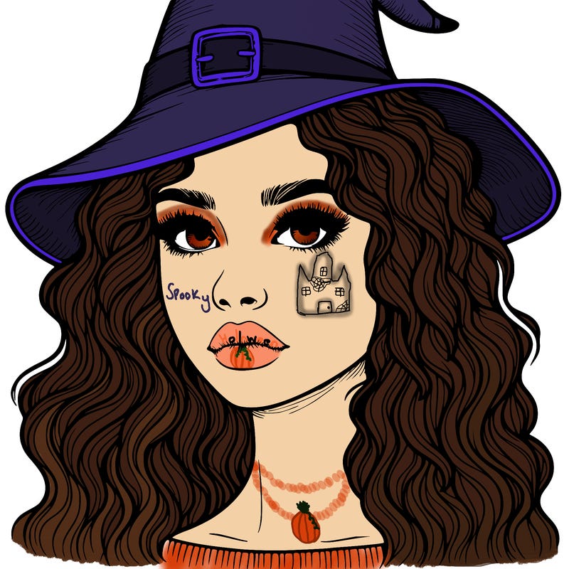 realistic girl with wavy hair a witch hat and a nose and lips and eyes