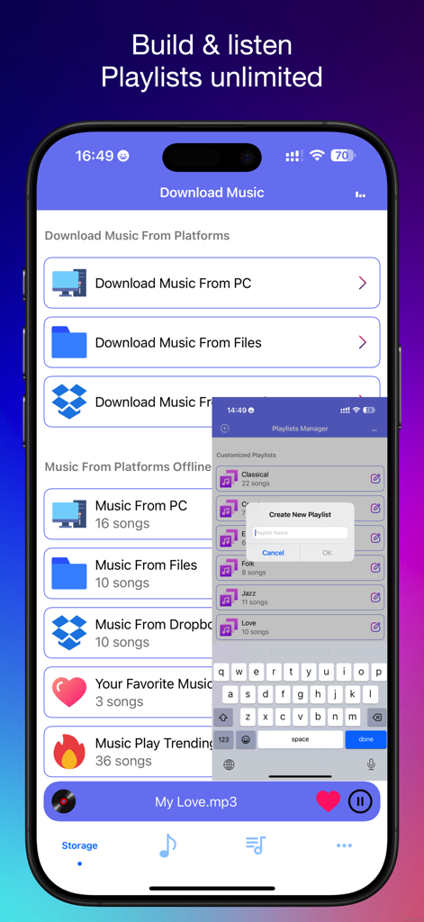 Musix - Simple Music Player AM - Musix app interface showing options to download music from PC, Files, and Dropbox with a playlist creation popup