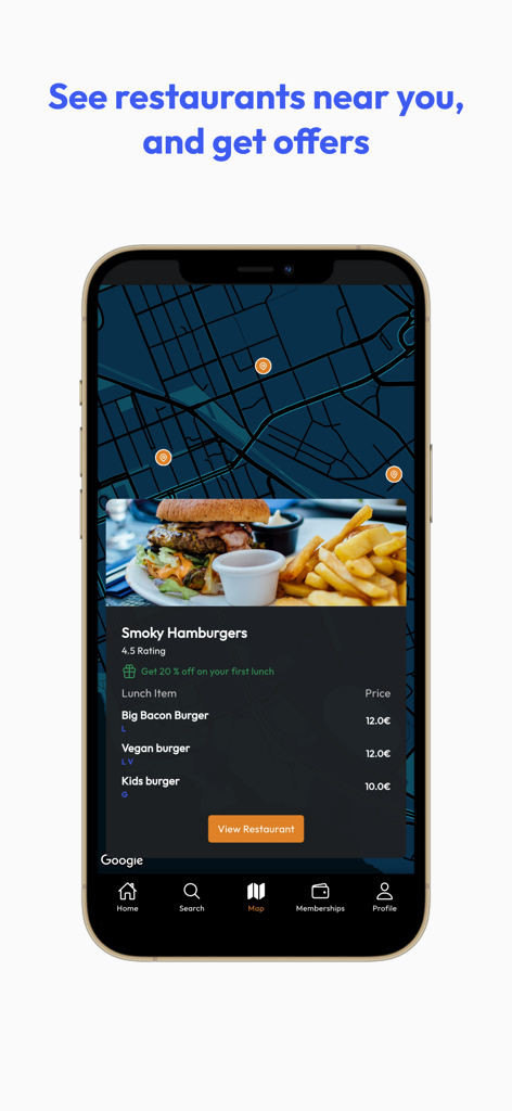 Smartphone screen displaying the Fides app map with local restaurant locations and a lunch discount offer