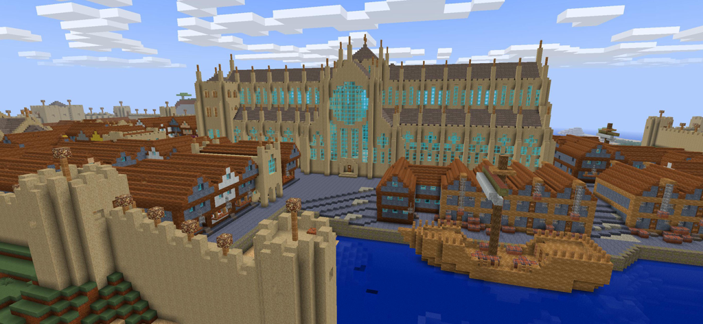 PrimalСraft 3D: Block Building - Una ciudad detallada de construcción con bloques en 3D con una catedral y un barco en PrimalCraft