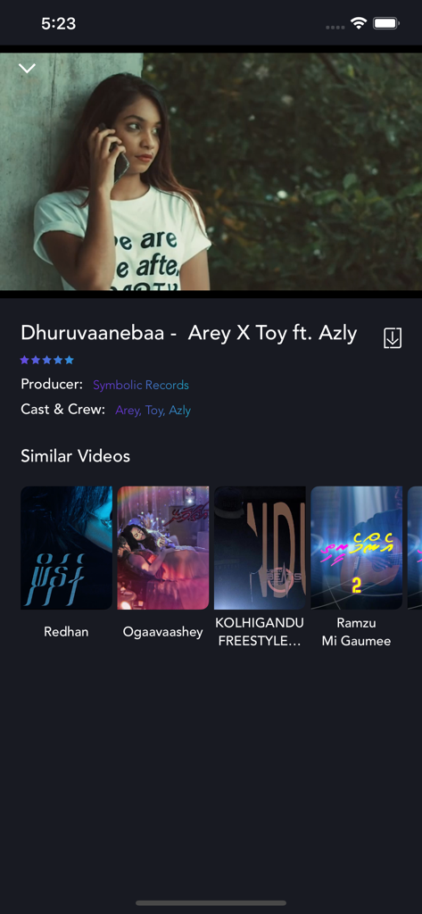 Interfaccia dell'app Baiskoafu che visualizza i dettagli di un video musicale maldiviano e contenuti simili